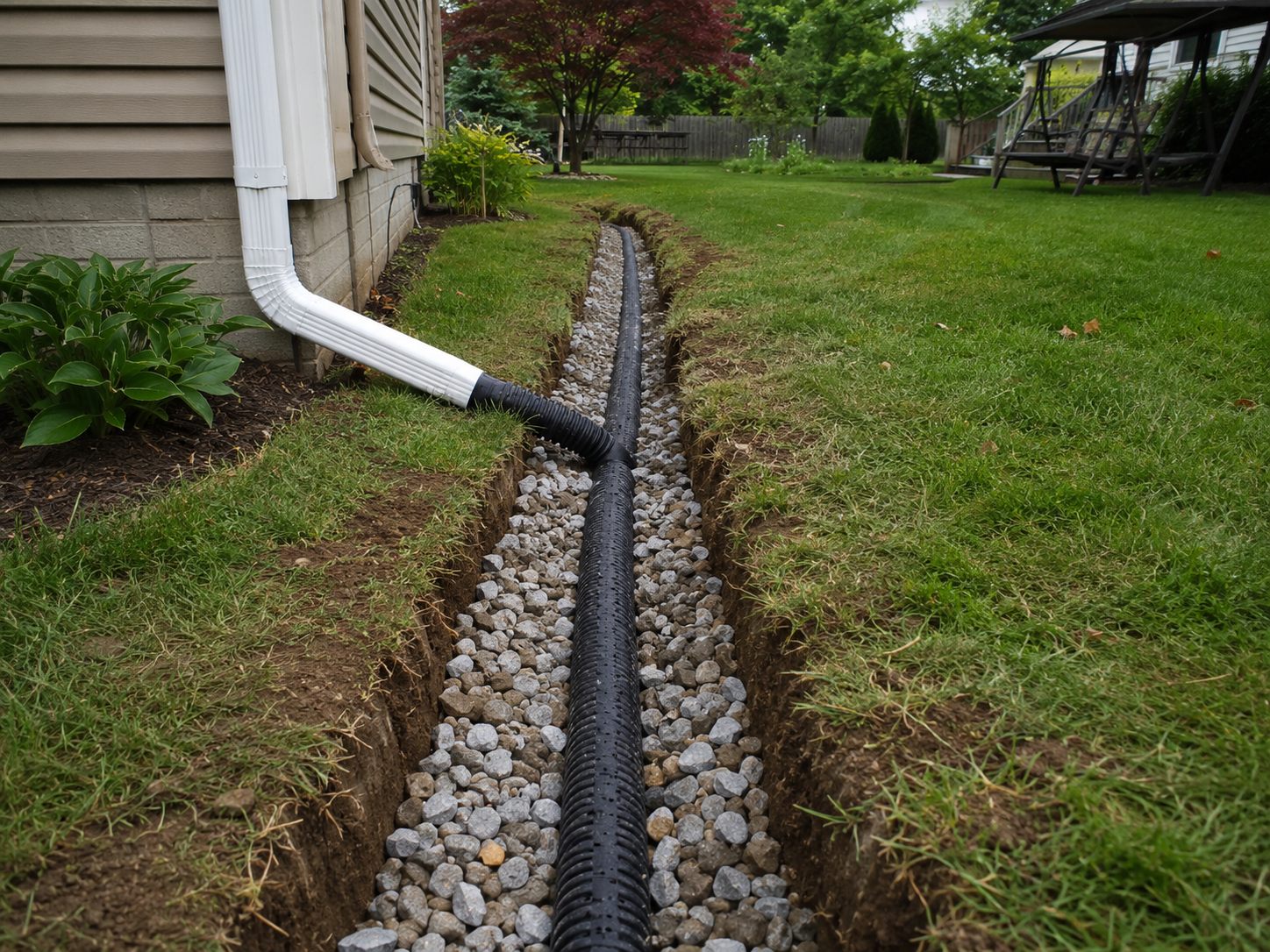 French drain installation carrying water away from a home foundation
